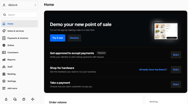 Square dashboard for managing sales and online payments